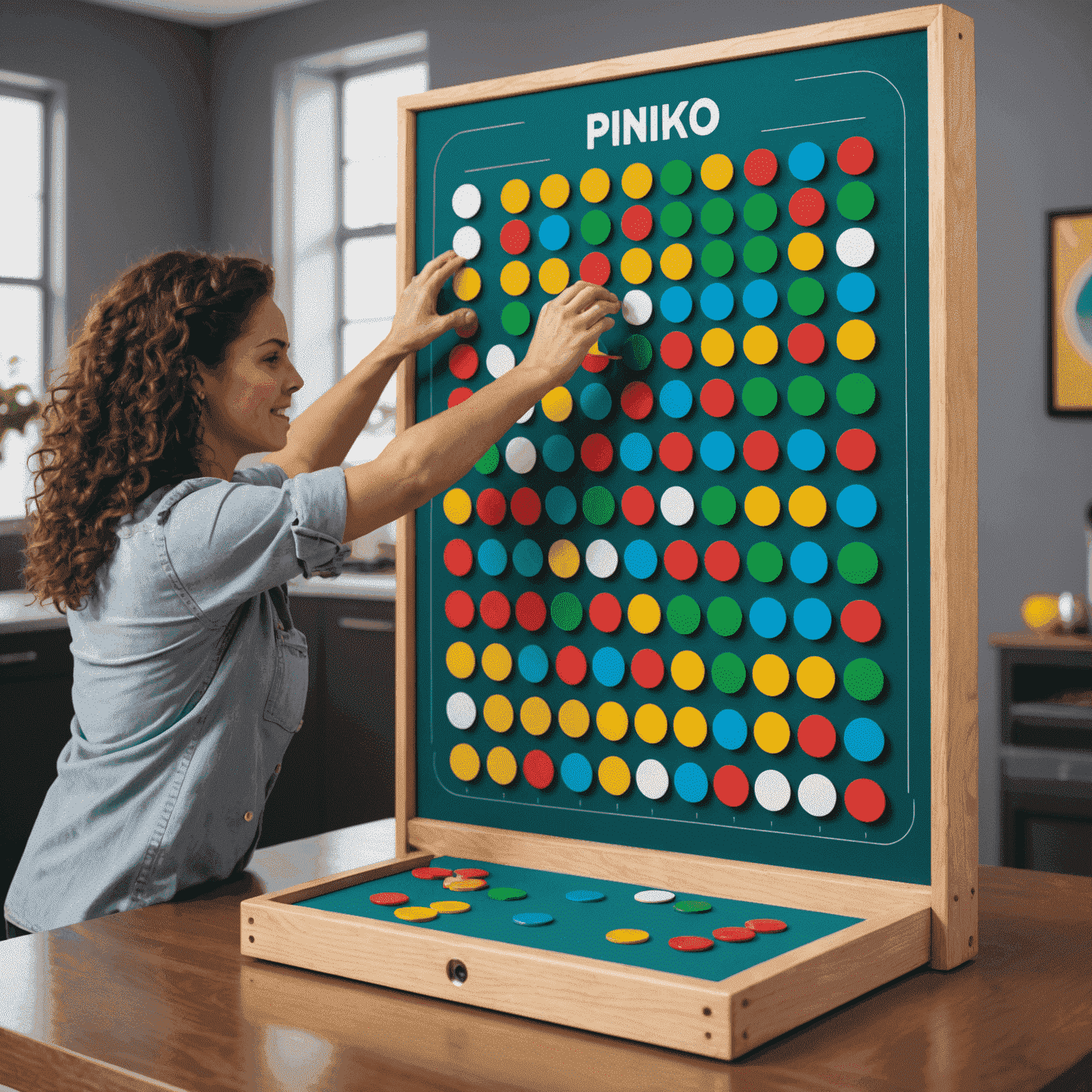 Een afbeelding van het Plinko bordspel met gekleurde schijven en een speler die een schijf in het bord laat vallen