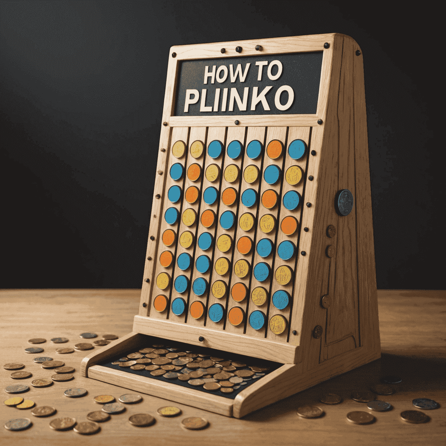 Illustratie van een Plinko-bord met munten die in de gleuven vallen, met de titel 'Hoe Plinko te spelen: regels en strategieën'