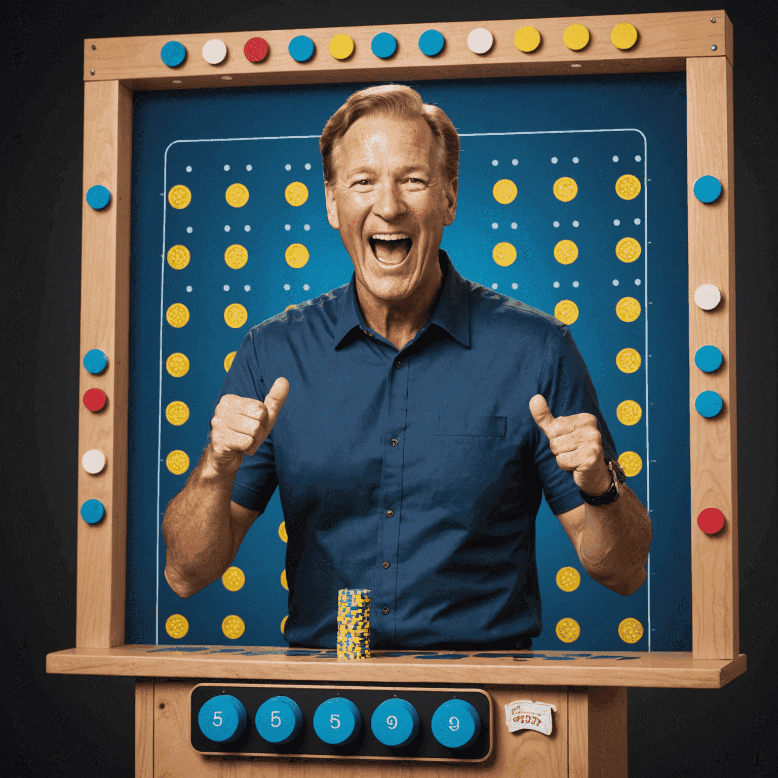 Foto van Plinko-winnaar John Smith die opgewonden zijn prijs van $50.000 viert na een perfecte ronde