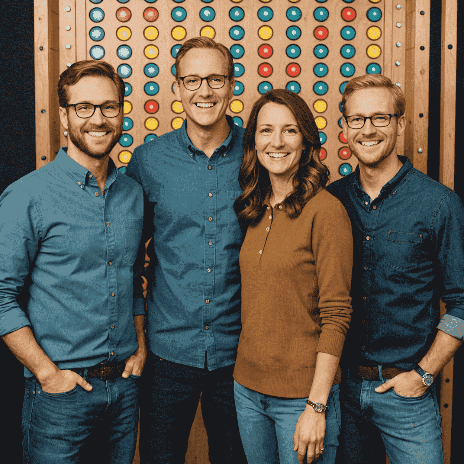 Een groepsfoto van het Plinko stakebran team, bestaande uit drie lachende mensen in vrijetijdskleding