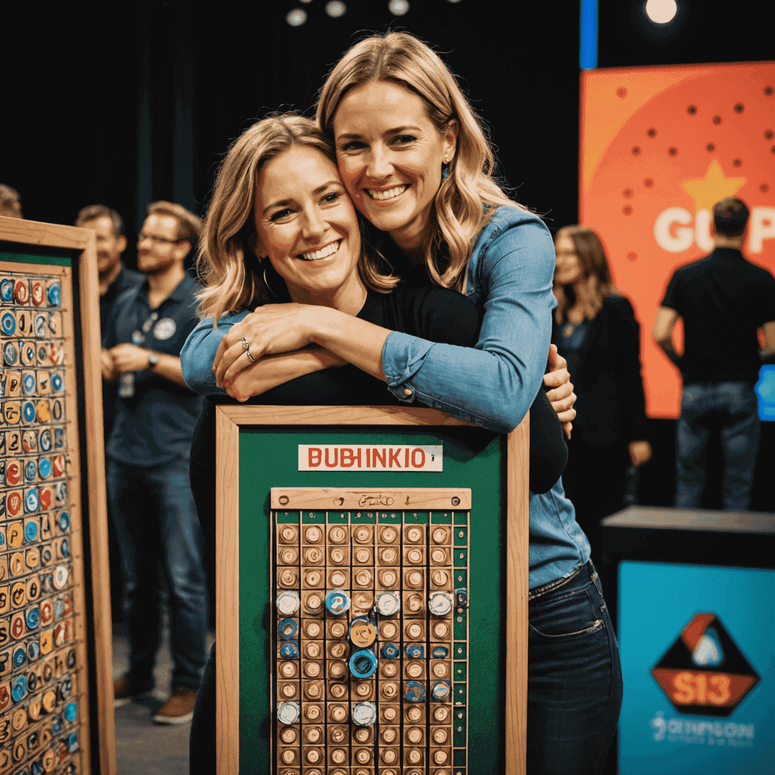 Foto van Plinko-winnares Sarah Johnson die haar prijs van $30.000 omhelst na een ongelooflijk gelukkige ronde