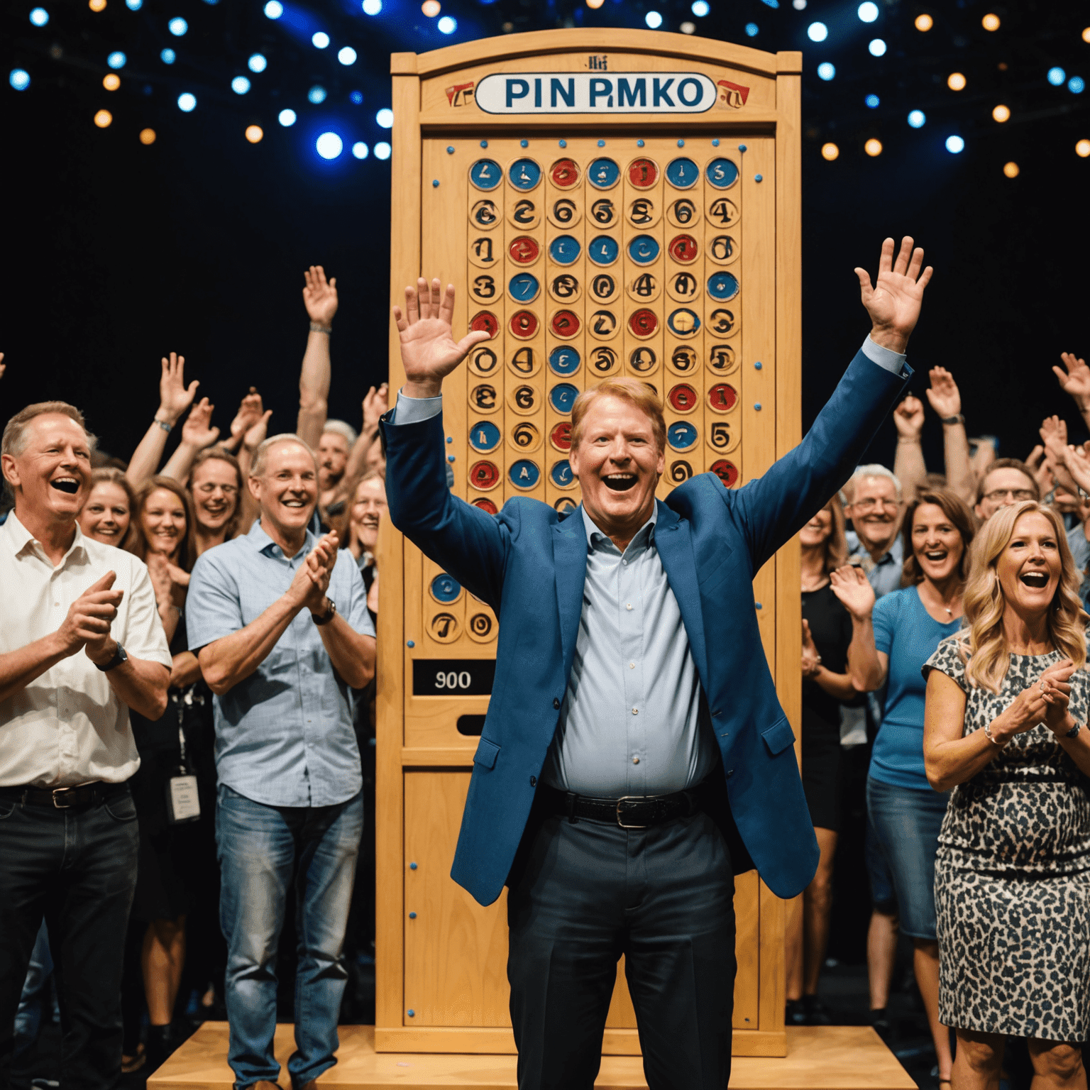 Foto van Plinko-winnaar Mark Davis die zijn prijs van $25.000 viert met het publiek