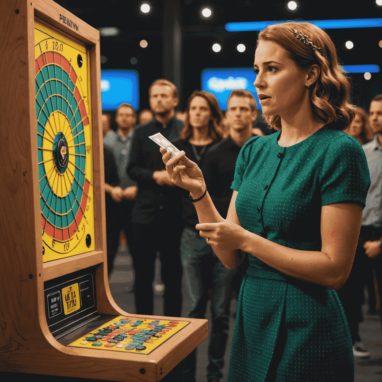 Foto van Plinko-winnares Emily Brown die haar prijs van $20.000 in ongeloof aanstaart