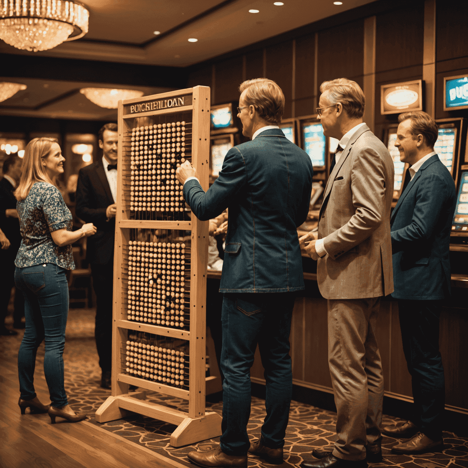 Een afbeelding van mensen die Plinko spelen in een Nederlands casino of op een evenement