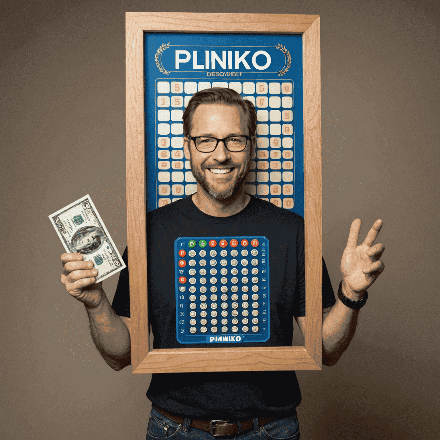 Foto van Plinko-winnaar Michael Wilson die zijn prijs van $15.000 trots omhooghoudt